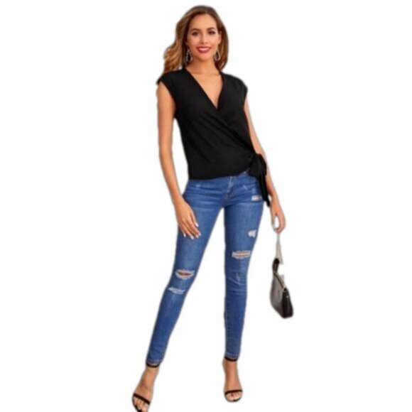 SHEIN Sleeveless Black Side Tie Wrap Blouse Shirt Size X-LARGE - Picture 3 of 5